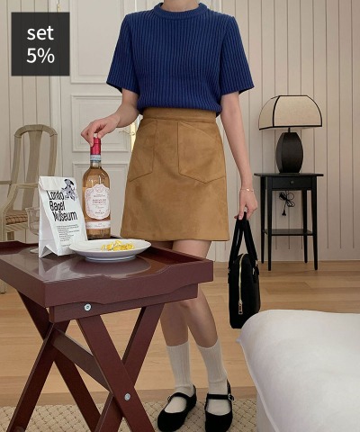 Roel 罗纹羊毛短袖针织衫（30% 羊毛）+ 雾霾麂皮裙 女装购物中心DALTT